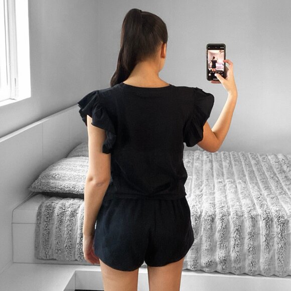 ZARA Black Round High Neck Ruffled Shoulder Short Sleeve Spring / Summer Top - Picture 5 of 5